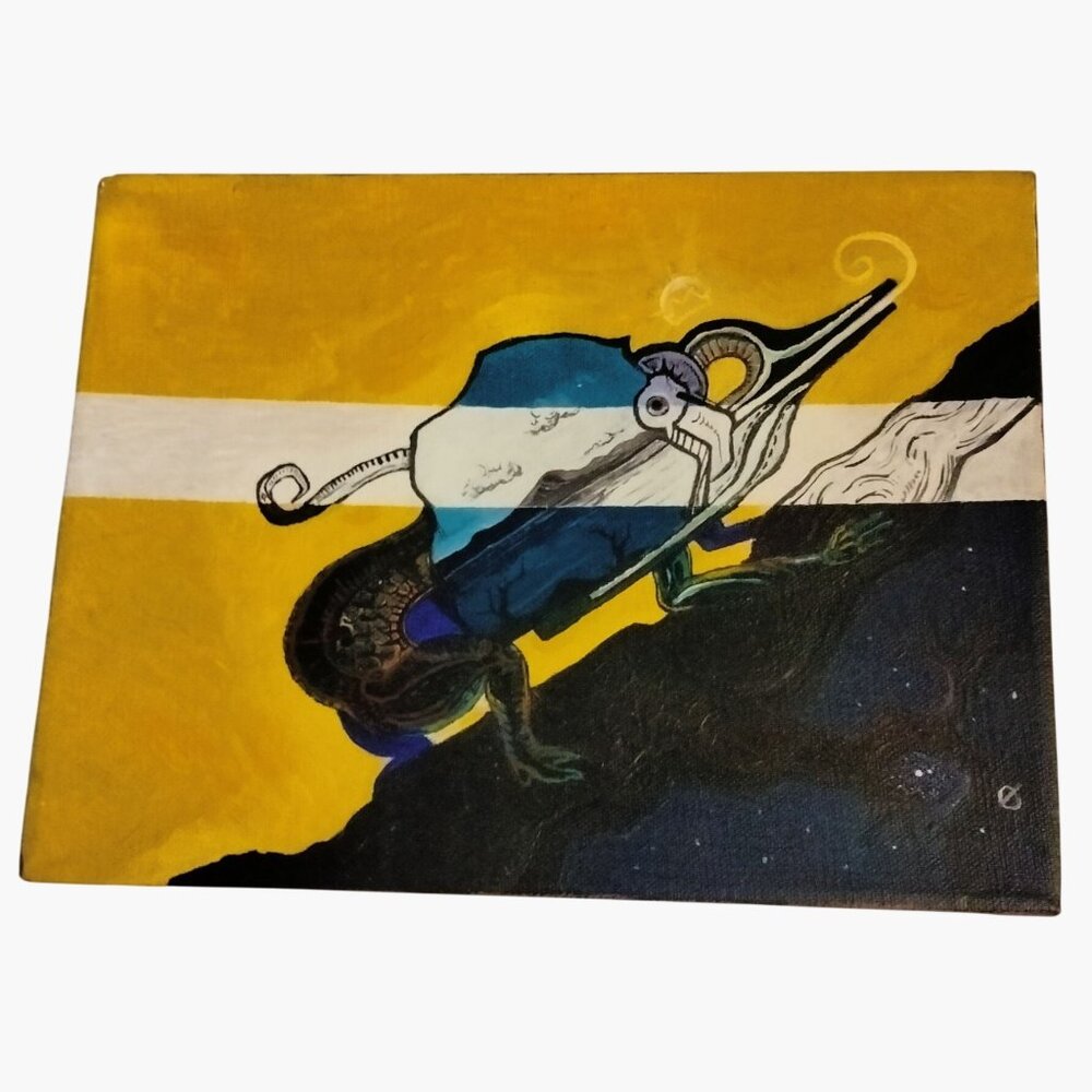 Abstract Surrealist Painting Canvas Ram Inspired Lizard Creature OOAK Signed O